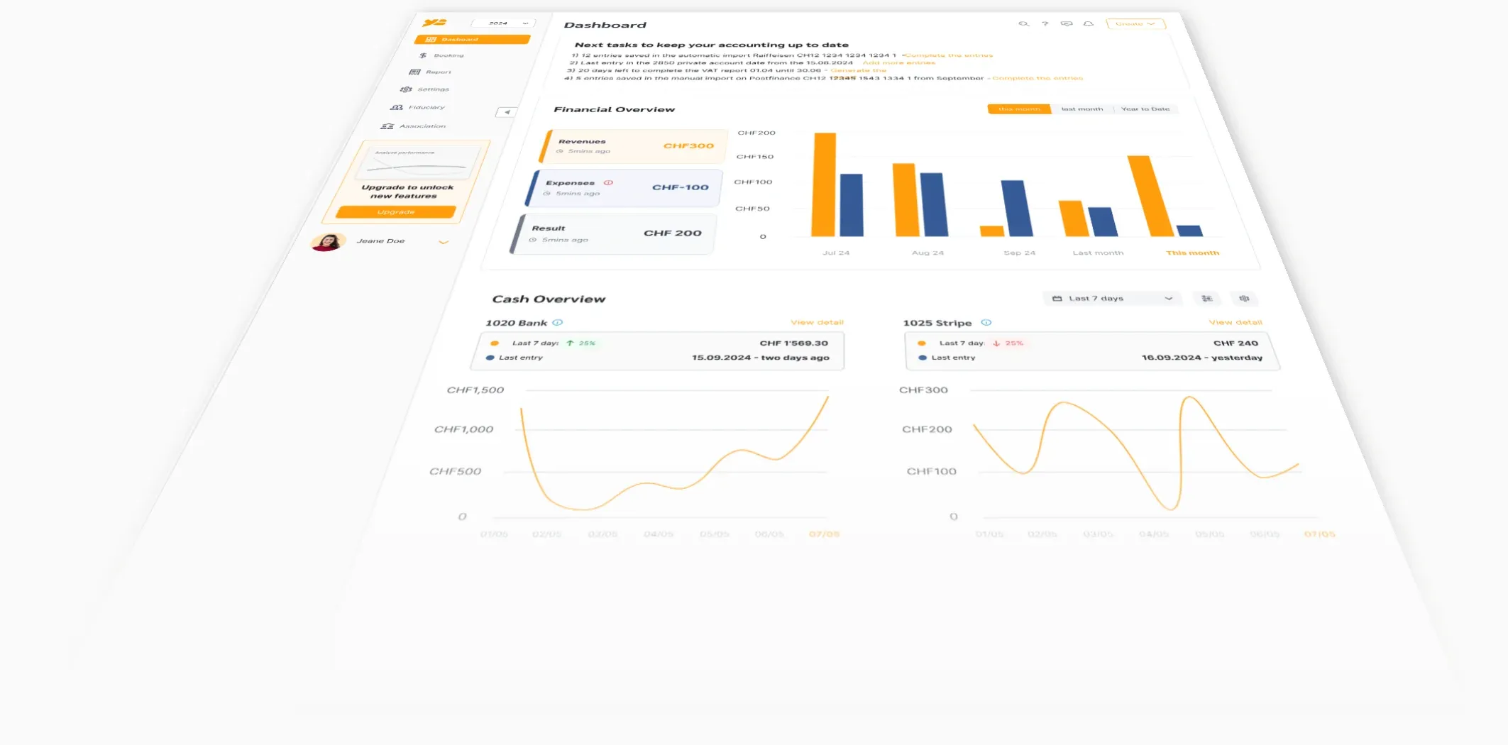The YESbusiness dashboard: the list of upcoming accounting tasks, a financial overview of revenue, expenses and result, and cash-flow charts for each bank account.