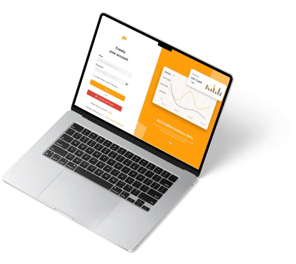 The YESbusiness app open on a laptop, on the account-creation screen.